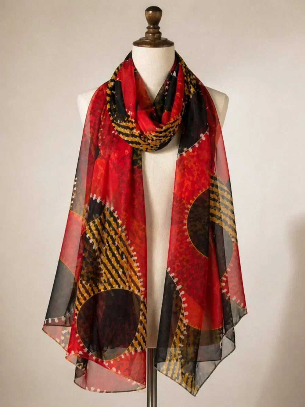 Vintage Fisher & Gentile Sheer Scarf – Red Black Gold Abstract Print | Statement
